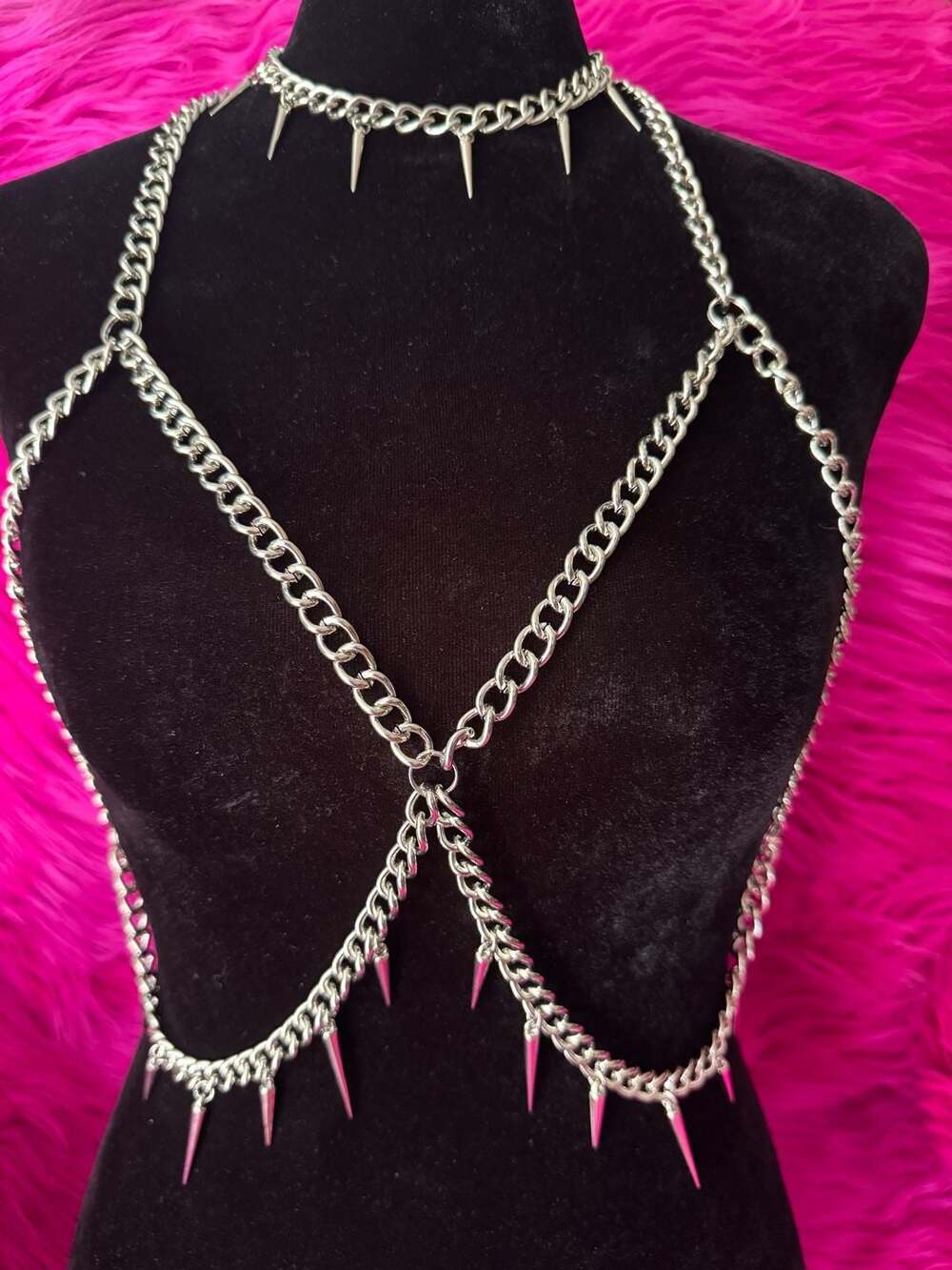 Gothic Chunky Chain and Spiked Choker Body Harness